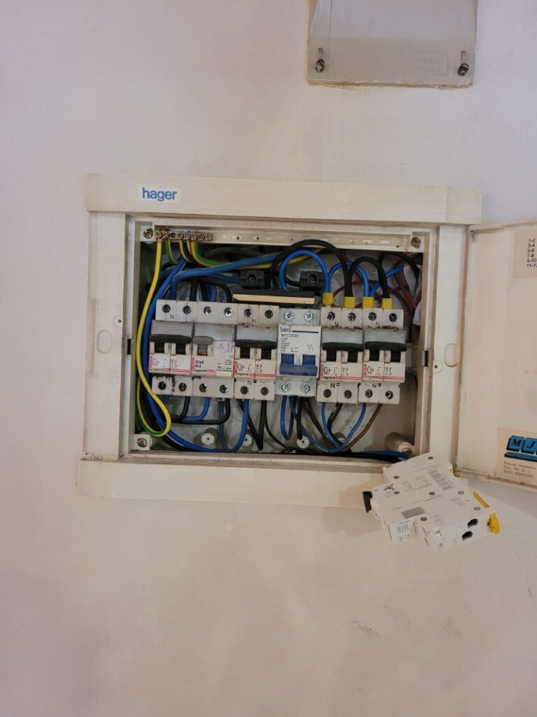 Una caja de distribución eléctrica abierta con cables gruesos de colores