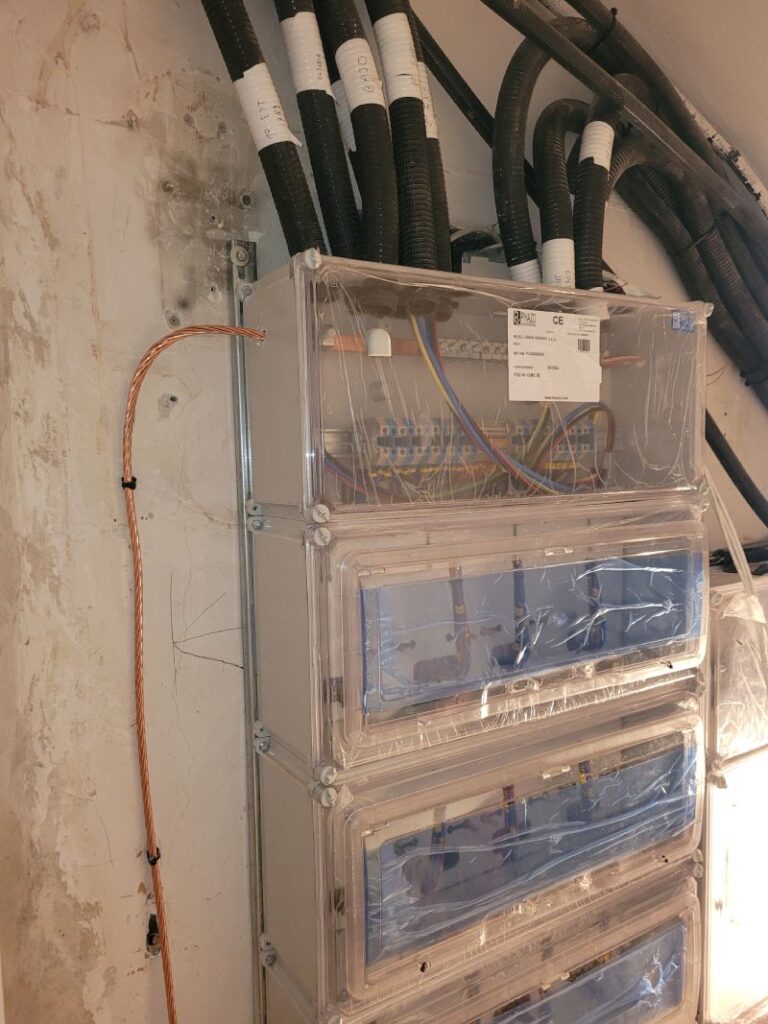 Un cuadro eléctrico en una pared con varias secciones transparentes cubiertas por plástico protector, cables gruesos negros etiquetados entrando desde arriba, y un cable de tierra de cobre a la izquierda. La pared muestra signos de trabajo reciente.